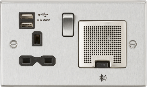 Knightsbridge CS9905BC 13A Socket, USB chargers (2.4A), & Bluetooth Speaker - Square Edge Brushed Chrome with black insert ML Knightsbridge - Sparks Warehouse