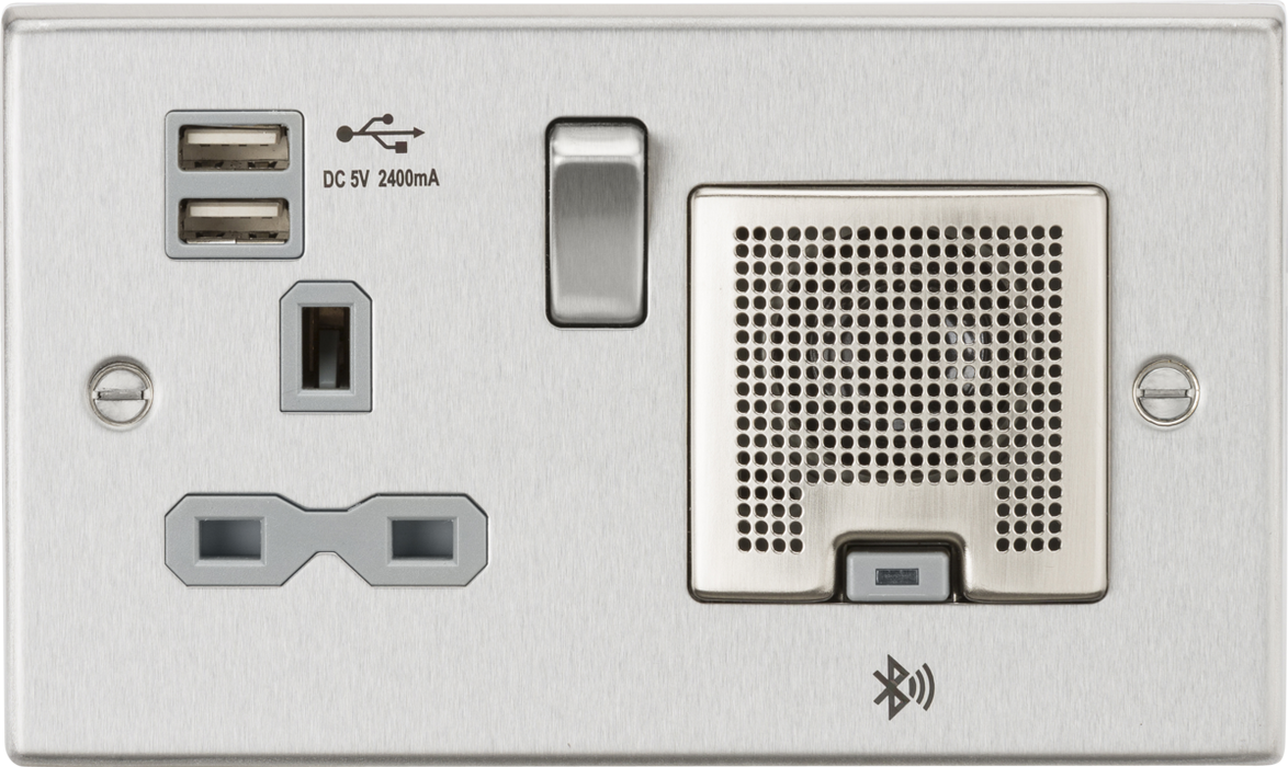 Knightsbridge CS9905BCG 13A Socket, USB chargers (2.4A), & Bluetooth Speaker - Square Edge Brushed Chrome with grey insert ML Knightsbridge - Sparks Warehouse