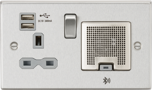 Knightsbridge CS9905BCG 13A Socket, USB chargers (2.4A), & Bluetooth Speaker - Square Edge Brushed Chrome with grey insert ML Knightsbridge - Sparks Warehouse