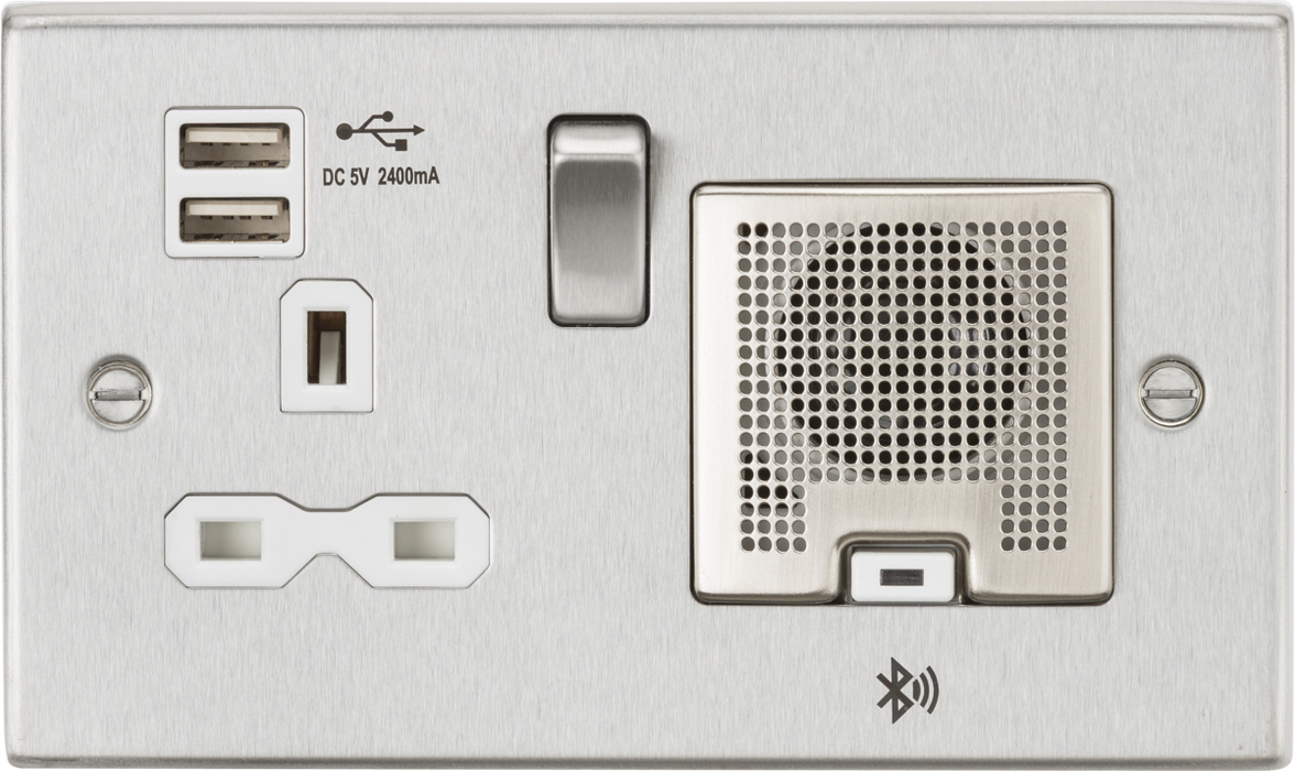 Knightsbridge CS9905BCW 13A Socket, USB chargers (2.4A), & Bluetooth Speaker - Square Edge Brushed Chrome with white insert ML Knightsbridge - Sparks Warehouse