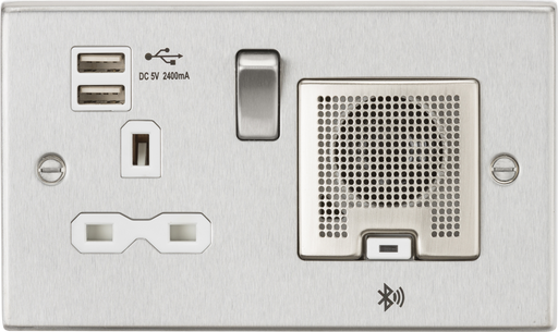 Knightsbridge CS9905BCW 13A Socket, USB chargers (2.4A), & Bluetooth Speaker - Square Edge Brushed Chrome with white insert ML Knightsbridge - Sparks Warehouse