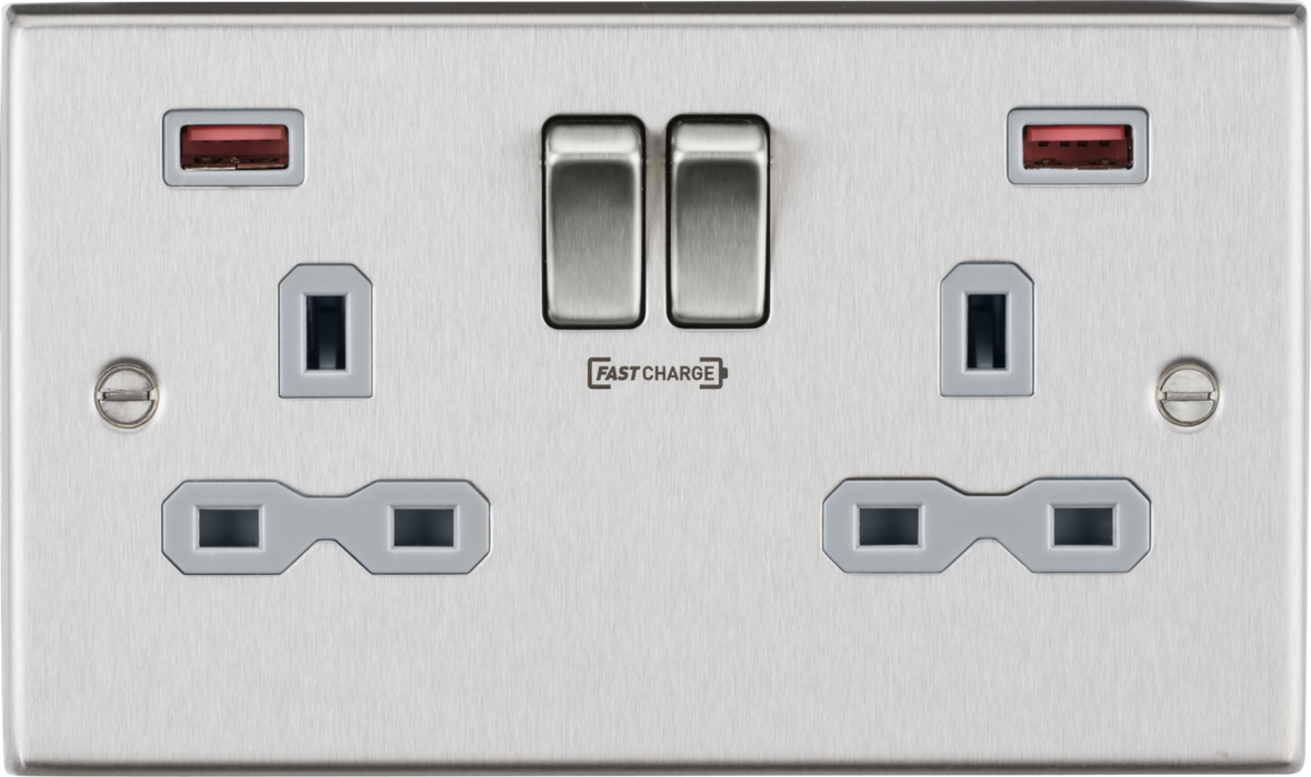 Knightsbridge CS9908BCG 13A 2G DP Switched Socket with Dual USB FASTCHARGE ports (A + A) - Square Edge Brushed Chrome with grey insert Socket - With USB Knightsbridge - Sparks Warehouse