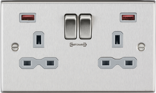 Knightsbridge CS9908BCG 13A 2G DP Switched Socket with Dual USB FASTCHARGE ports (A + A) - Square Edge Brushed Chrome with grey insert Socket - With USB Knightsbridge - Sparks Warehouse