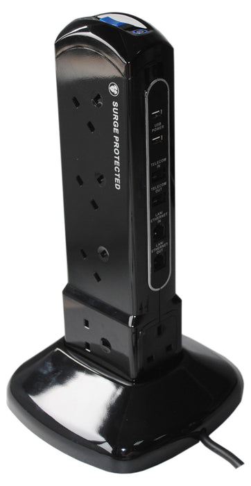 BG SRPTU102PB 13A 2M 10 Gang SURGE EXTENSION LEAD With TEL And USB Polished Black - BG - sparks-warehouse