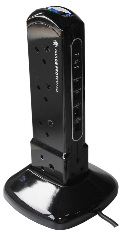 BG SRPTU102PB 13A 2M 10 Gang SURGE EXTENSION LEAD With TEL And USB Polished Black - BG - sparks-warehouse