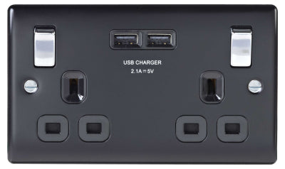 BG Nexus NMB22U3B Metal Matt Black & Chrome Double Plug Socket Switched - 2 Gang - BG - Sparks Warehouse