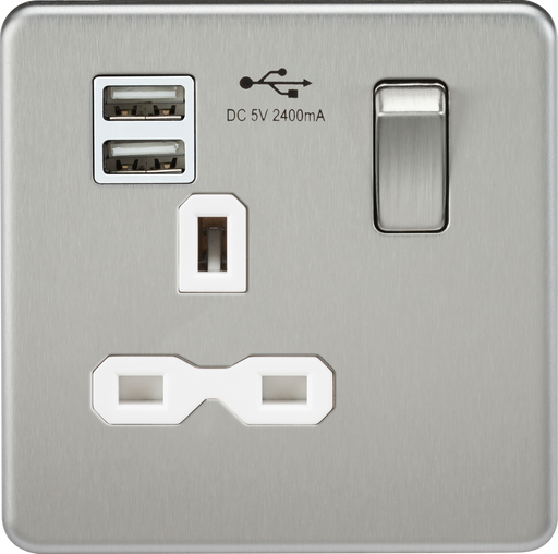 Knightsbridge SFR9124BCW Screwless 13A 1G switched socket with dual USB charger (2.4A) - brushed chrome with white insert ML Knightsbridge - Sparks Warehouse