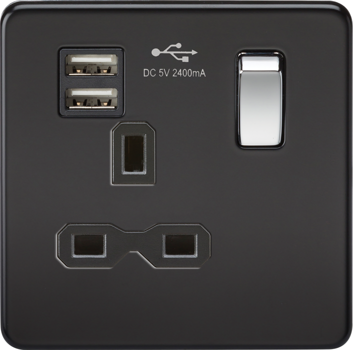 Knightsbridge SFR9124MB Screwless 13A 1G Switched Socket - USB Chargers - Matt Black With Chrome Rocker Knightsbridge Screwless Flat Plate Matt Black Knightsbridge - Sparks Warehouse