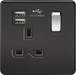 Knightsbridge SFR9124MB Screwless 13A 1G Switched Socket - USB Chargers - Matt Black With Chrome Rocker Knightsbridge Screwless Flat Plate Matt Black Knightsbridge - Sparks Warehouse