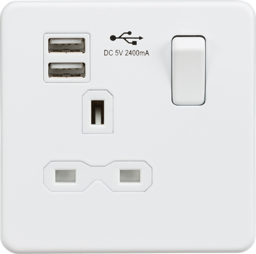 Knightsbridge SFR9124MW Screwless 13A 1G switched socket with dual USB charger (2.4A) - matt white ML Knightsbridge - Sparks Warehouse