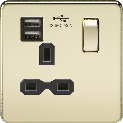 Knightsbridge SFR9124PB Screwless 13A 1G switched socket with dual USB charger (2.4A) - polished brass with black insert ML Knightsbridge - Sparks Warehouse