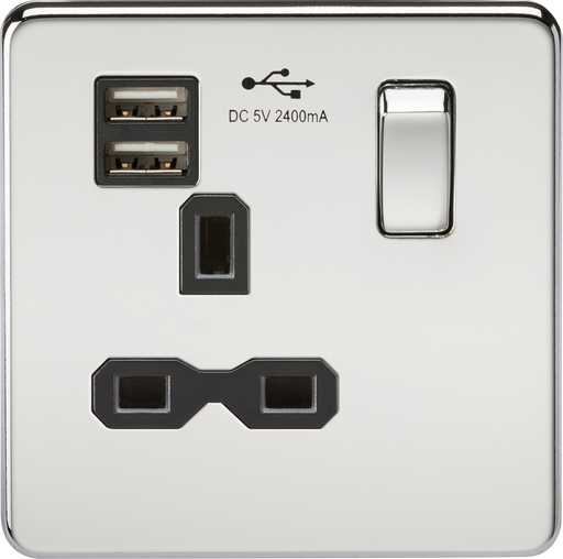 Knightsbridge SFR9124PC Screwless 13A 1G switched socket with dual USB charger (2.4A) - polished chrome with black insert ML Knightsbridge - Sparks Warehouse