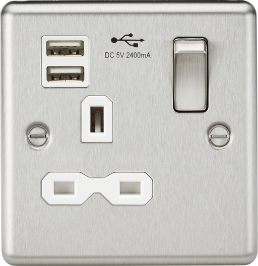 Knightsbridge CL9124BCW 13A 1G Switched Socket Dual USB Charger Slots with White Insert - Rounded Edge Brushed Chrome ML Knightsbridge - Sparks Warehouse
