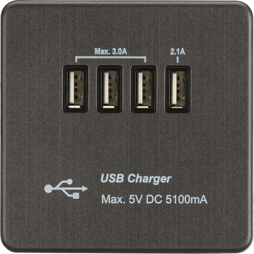 Knightsbridge SFQUADSB Screwless 1G QUAD USB Charger Outlet 5V DC 5.1A - Smoked Bronze With Black Insert Knightsbridge Screwless Flat Plate Smoked Bronze Knightsbridge - Sparks Warehouse
