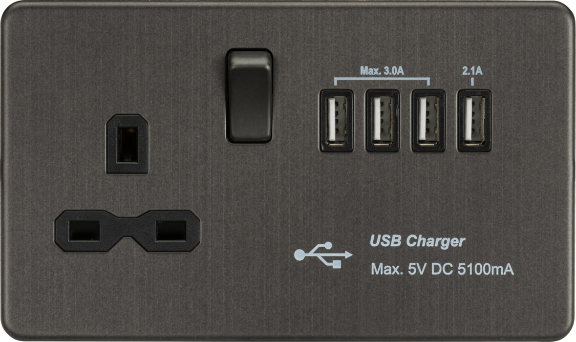 Knightsbridge SFR7USB4SB Screwless 13A switched socket with Quad USB charger (5.1A) - Smoked Bronze Knightsbridge Screwless Flat Plate Smoked Bronze Sparks Warehouse - Sparks Warehouse