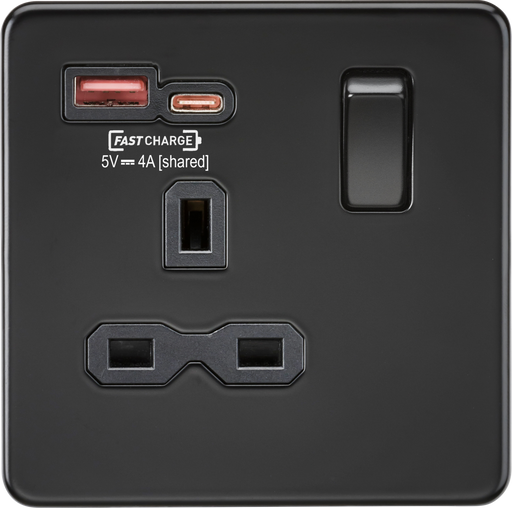 Knightsbridge SFR9919MBB Screwless 13A 1G Switched Socket with Dual Fast Charge Outlets A+C (5-12V 4A shared) - Matt Black With Black Rocker Knightsbridge Screwless Flat Plate Matt Black Knightsbridge - Sparks Warehouse