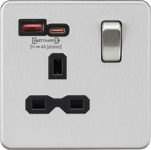 Knightsbridge SFR9919BC 13A 1G Switched Socket with dual USB [FASTCHARGE] A+C - Brushed Chrome with black insert ML Knightsbridge - Sparks Warehouse