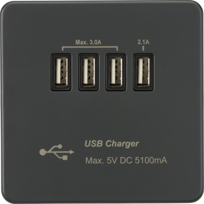 Knightsbridge SFQUADAT Screwless Quad USB Charger Outlet (5.1A) - Anthracite Knightsbridge Screwless Flat Plate Anthracite Knightsbridge - Sparks Warehouse