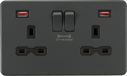 Knightsbridge SFR9908AT Screwless 13A 2G DP Switched Socket w/ Dual USB FASTCHARGE ports A/A (5-12V 4A shared) - Anthracite ML Knightsbridge - Sparks Warehouse