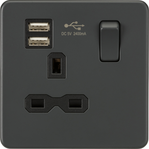 Knightsbridge SFR9124AT Screwless 13A 1G switched socket with dual USB charger (2.4A) - Anthracite Knightsbridge Screwless Flat Plate Anthracite Knightsbridge - Sparks Warehouse