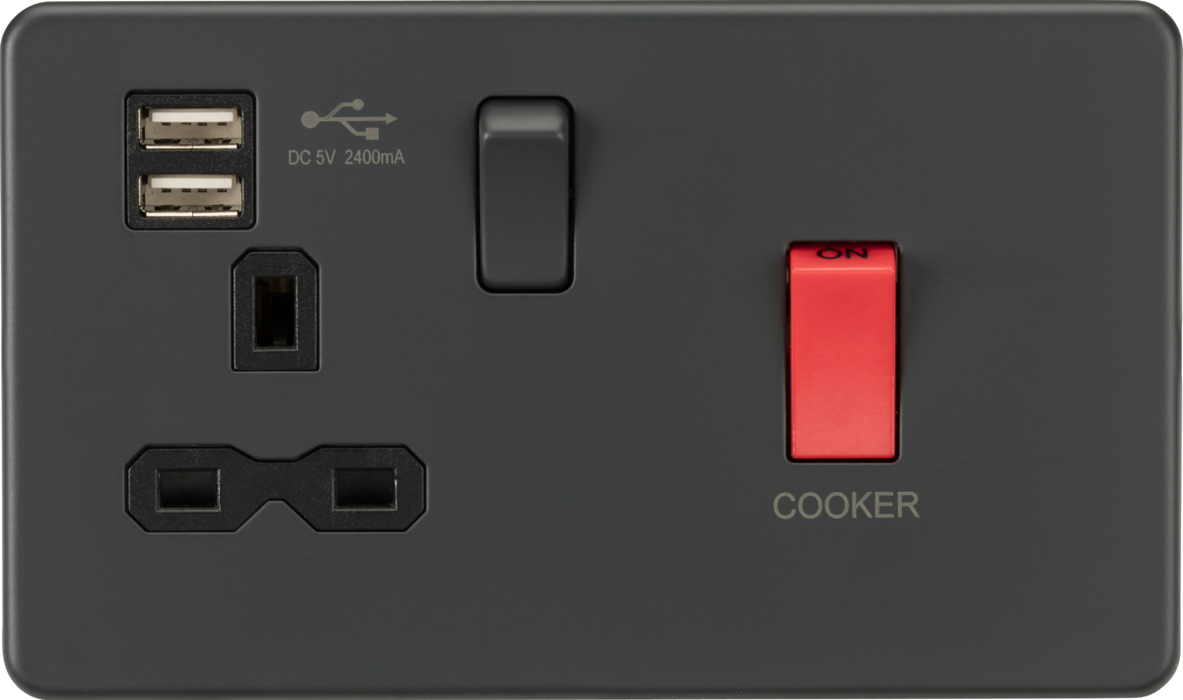 Knightsbridge SFR8333UAT Screwless 45A DP Switch & 13A Switched Socket with Dual USB Charger 2.4A - Anthracite Knightsbridge Screwless Flat Plate Anthracite Knightsbridge - Sparks Warehouse
