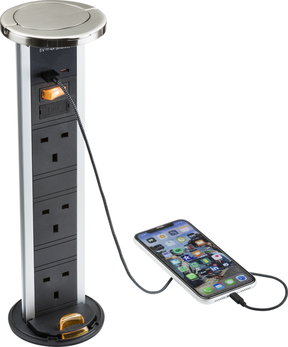 Knightsbridge SK9909BC IP54 3G Pop-Up Socket with Dual Fast Charge USB A+C - Brushed chrome Cap KB Knightsbridge - Sparks Warehouse