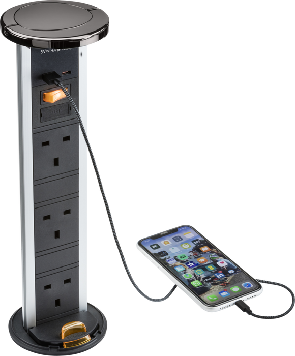 Knightsbridge SK9909BN IP54 3G Pop-Up Socket with Dual Fast Charge USB A+C - Black Nickel Cap KB Knightsbridge - Sparks Warehouse