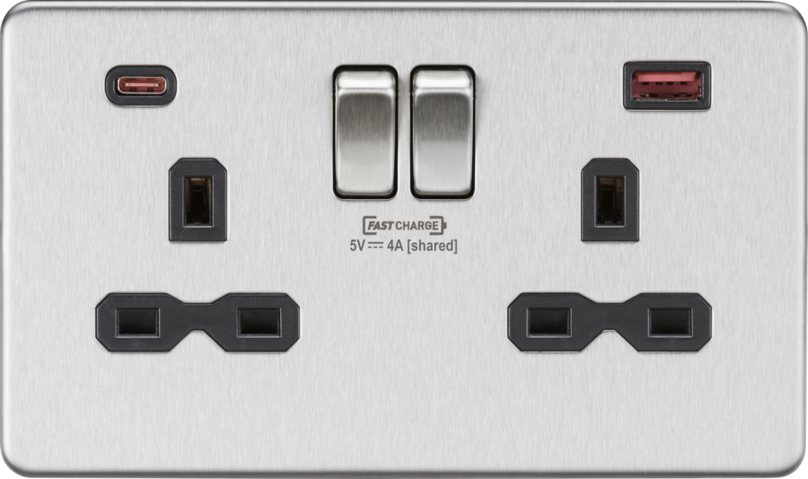 Knightsbridge SFR9909BC Screwless 13A 2G Switched Socket With Type-C FASTCHARGE USB port - Brushed Chrome USB Sockets Knightsbridge - Sparks Warehouse