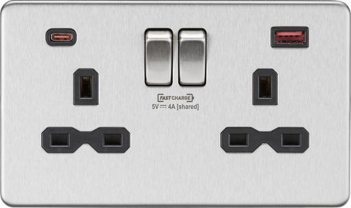 Knightsbridge SFR9909BC Screwless 13A 2G Switched Socket With Type-C FASTCHARGE USB port - Brushed Chrome USB Sockets Knightsbridge - Sparks Warehouse