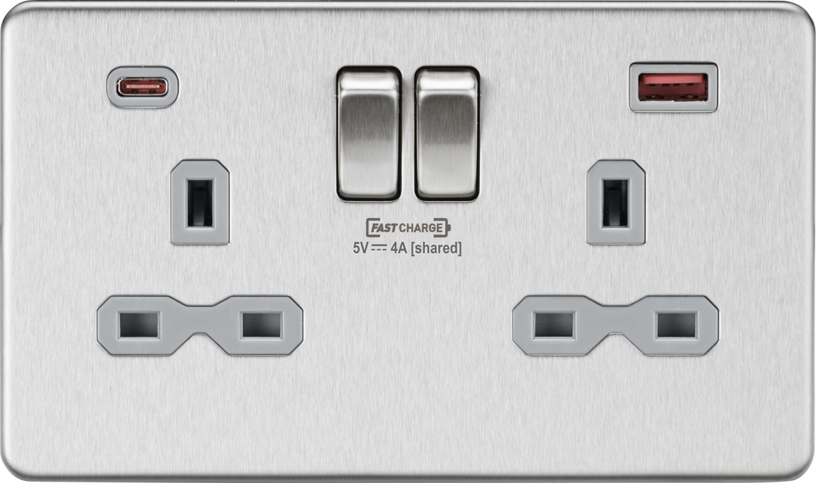 Knightsbridge SFR9909BCG Screwless 13A 2G Switched Socket With Type-C FASTCHARGE USB port - Brushed Chrome with Grey Inserts USB Sockets Knightsbridge - Sparks Warehouse