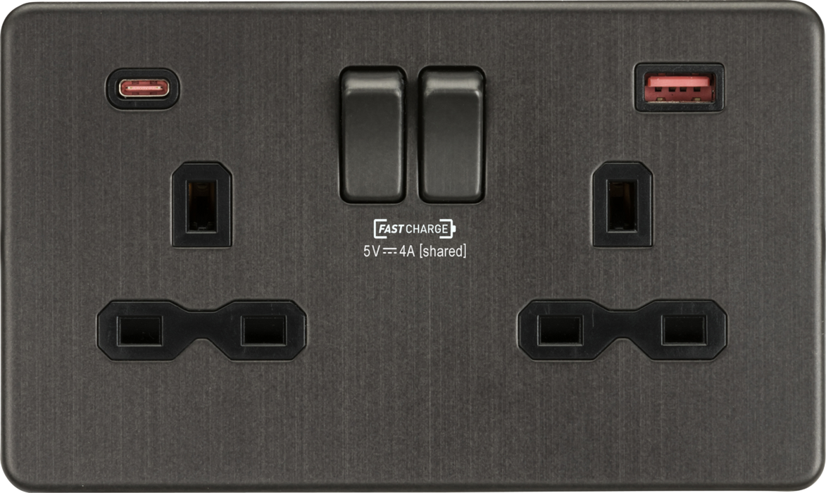 Knightsbridge SFR9909SB 13A 2G DP Switched Socket with dual USB [FASTCHARGE] A+C - Smoked Bronze Knightsbridge Screwless Flat Plate Smoked Bronze Knightsbridge - Sparks Warehouse