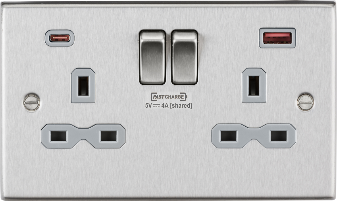 Knightsbridge CS9909BCG 13A 2G DP Switched Socket with Dual USB FASTCHARGE ports (A+C) - Square Edge Brushed Chrome with grey insert Socket - With USB Knightsbridge - Sparks Warehouse