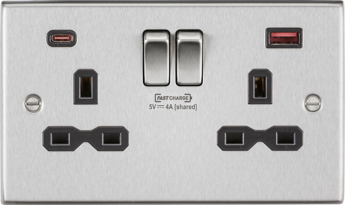 Knightsbridge CS9909BC 13A 2G DP switched socket with dual USB A + C (FASTCHARGE) - Brushed chrome with black insert Knightsbridge - Sparks Warehouse