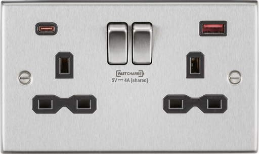 Knightsbridge CS9909BC 13A 2G DP switched socket with dual USB A + C (FASTCHARGE) - Brushed chrome with black insert Knightsbridge - Sparks Warehouse