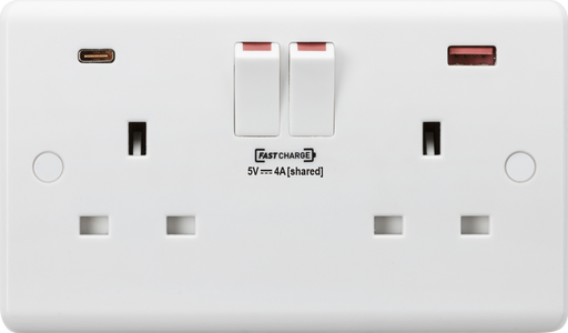 Knightsbridge CU9909 - Curved edge 13A 2G DP Switched Socket with Dual USB FASTCHARGE ports (A+C) Socket - With USB Knightsbridge - Sparks Warehouse