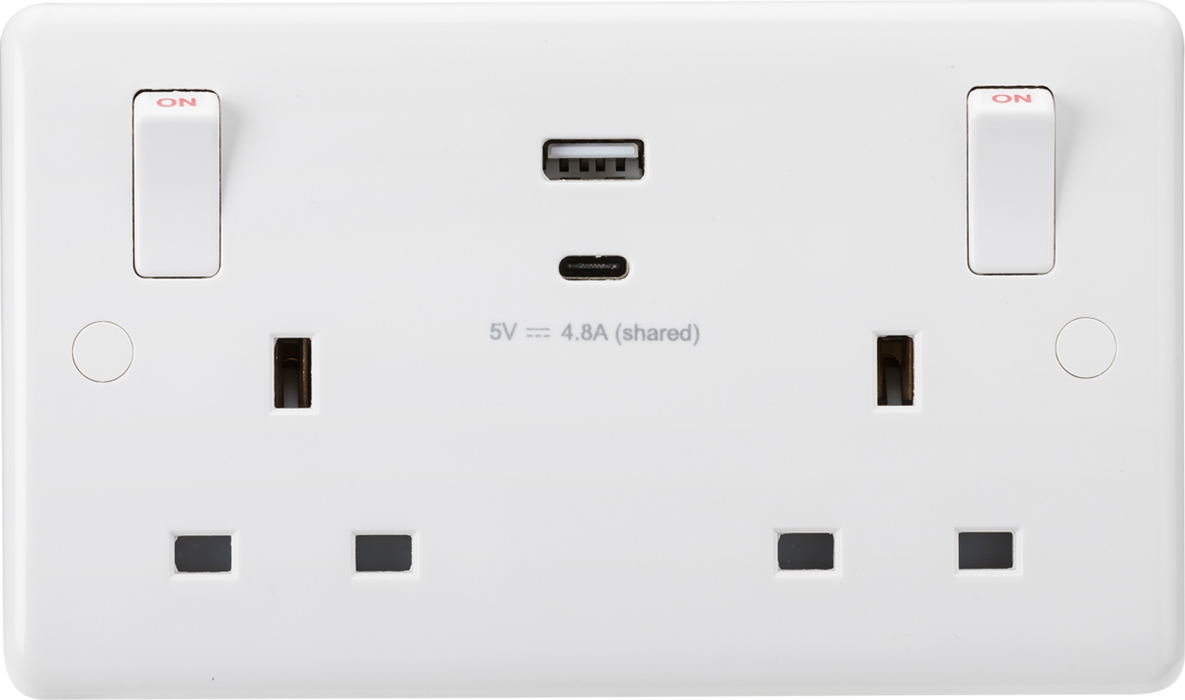 Knightsbridge CU9002 - Curved edge 13A 2G Switched socket with outboard rockers and dual USB (A+C) 5V DC 4.8A shared Socket - With USB Knightsbridge - Sparks Warehouse