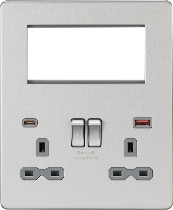 Knightsbridge SFR994BCG Screwless Small Multimedia Combination  Plate with FASTCHARGE - Brushed Chrome  Sparks Warehouse - Sparks Warehouse