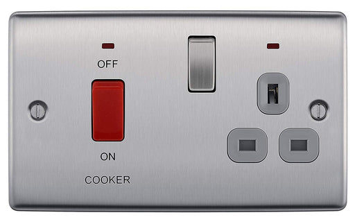 BG Nexus NBS70G Brushed Steel 45A Cooker Connection Unit Switched Socket And Neon Grey Inserts - BG - sparks-warehouse