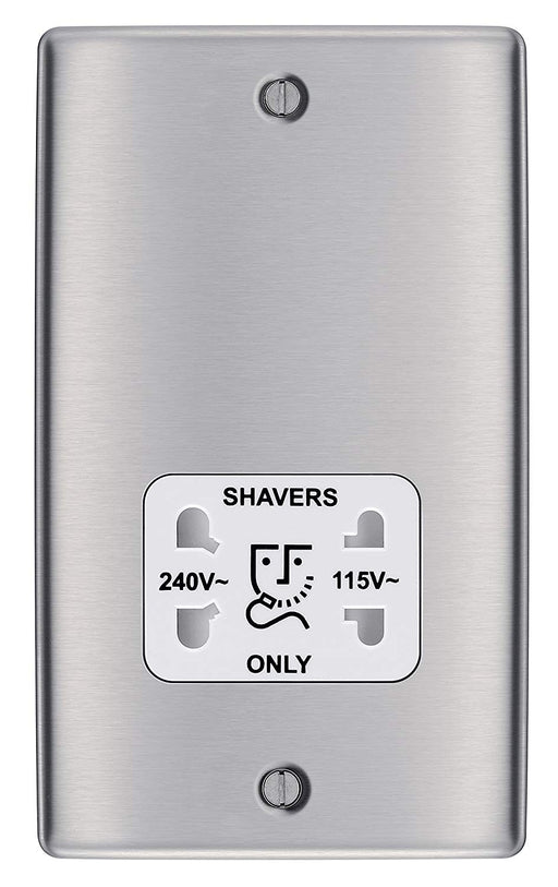 BG Nexus NBS20W Brushed Steel ShaverSocket 115/230V Dual Voltage White Insert - BG - sparks-warehouse