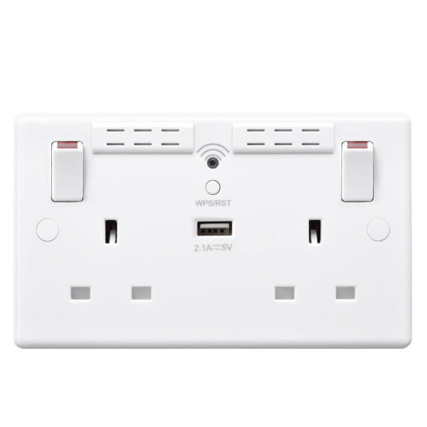 BG Electrical 822UWR 2 Gang Wi-Fi Range Extender Socket With USB - White - BG - Sparks Warehouse