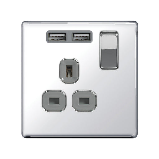BG FPC21U2G Screwless Flat Plate Polished Chrome Flat Plate 13A 1G Switched Socket with USB - BG - Sparks Warehouse