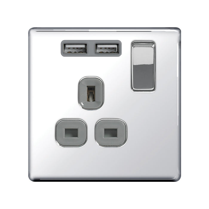 BG FPC21U2G Screwless Flat Plate Polished Chrome Flat Plate 13A 1G Switched Socket with USB - BG - Sparks Warehouse