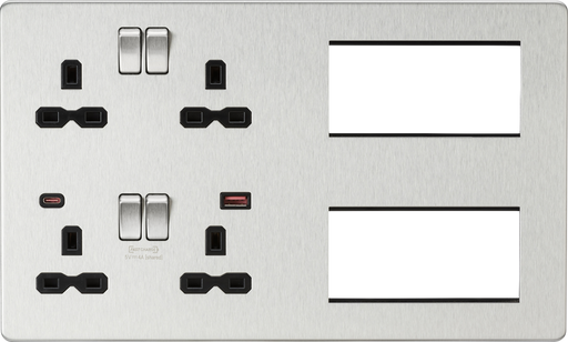 Knightsbridge SFR998BC Screwless Combination Plate with Dual USB FASTCHARGE A+C - Brushed Chrome with black insert USB Sockets Knightsbridge - Sparks Warehouse