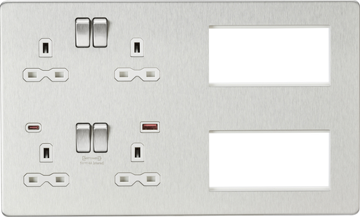 Knightsbridge SFR998BCW Screwless Combination Plate with Dual USB FASTCHARGE A+C - Brushed Chrome with white insert  Sparks Warehouse - Sparks Warehouse