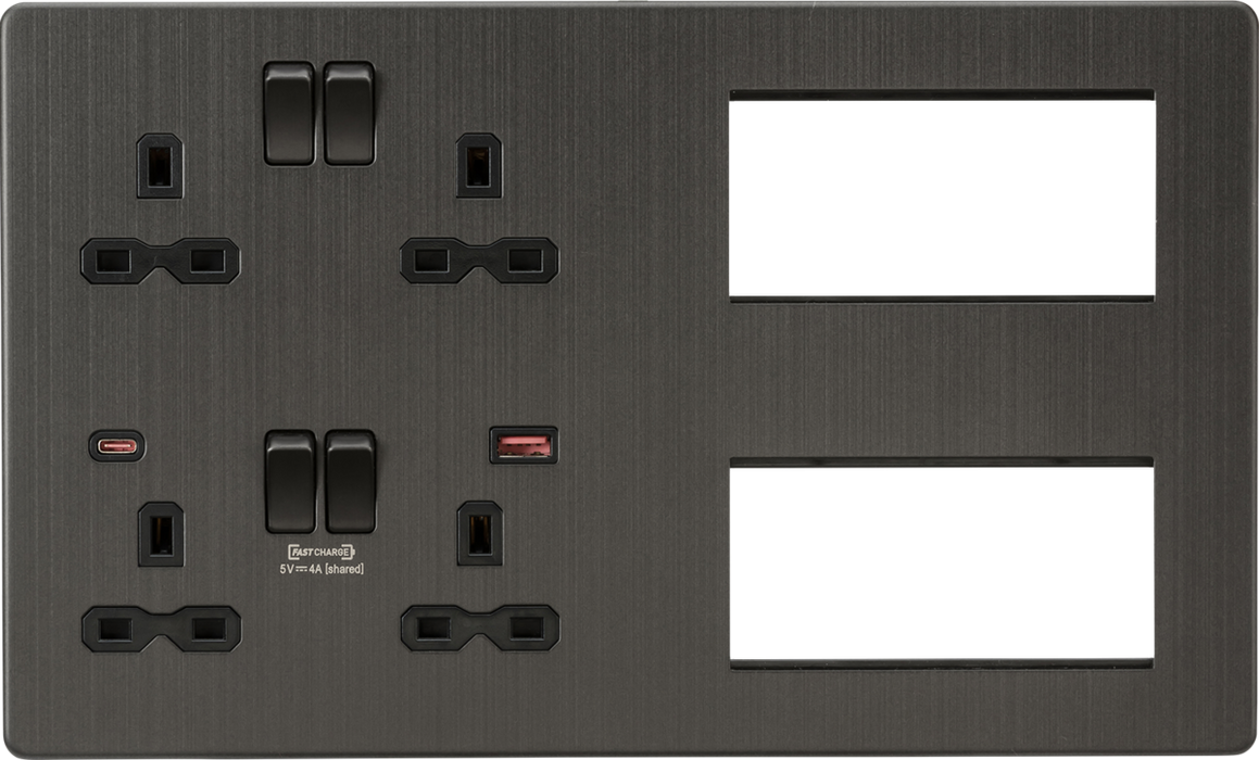 Knightsbridge SFR998SB Screwless Combination Plate with Dual USB FASTCHARGE A+C - Smoked Bronze  Sparks Warehouse - Sparks Warehouse