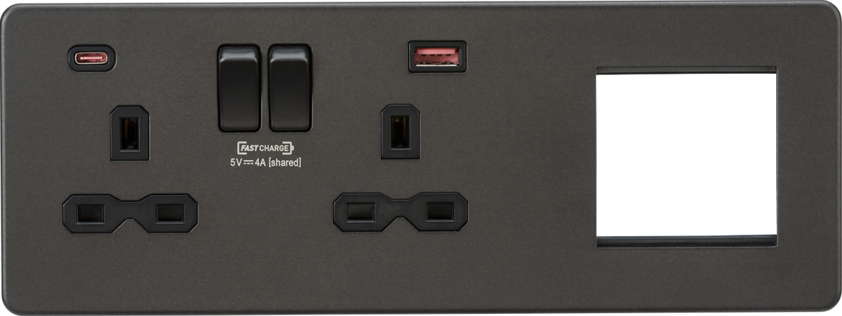 Knightsbridge SFR992LSB Screwless 13A 2G DP Socket with USB Fastcharge + 2G Modular Combination Plate - Smoked Bronze Knightsbridge Screwless Flat Plate Smoked Bronze Sparks Warehouse - Sparks Warehouse