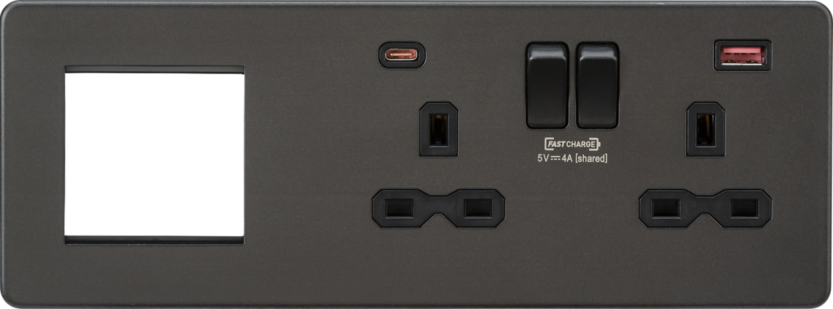 Knightsbridge SFR992RSB Screwless 13A 2G DP Socket with USB Fastcharge + 2G Modular Combination Plate - Smoked Bronze Knightsbridge Screwless Flat Plate Smoked Bronze Sparks Warehouse - Sparks Warehouse
