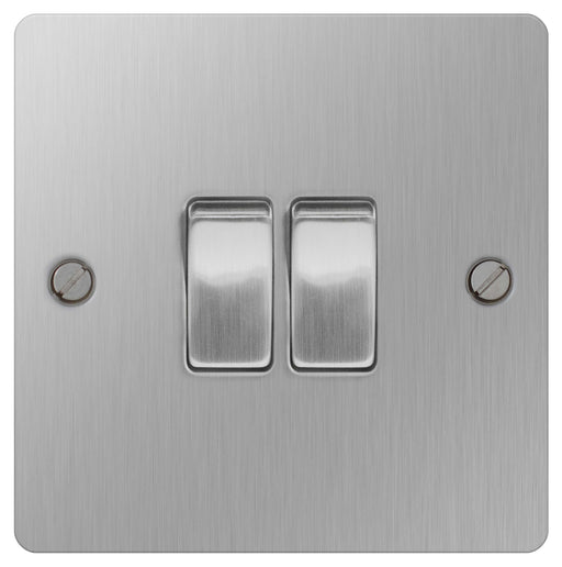 BG SBS42 Flat Plate Brushed Steel 10A 2 Gang 2 Way Plate Switch - BG - sparks-warehouse