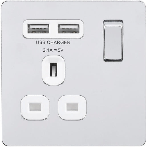 BG FPC21UW Screwless Flat Plate Polished Chrome Flat Plate Switched 1G 13A Socket - USB - BG - Sparks Warehouse