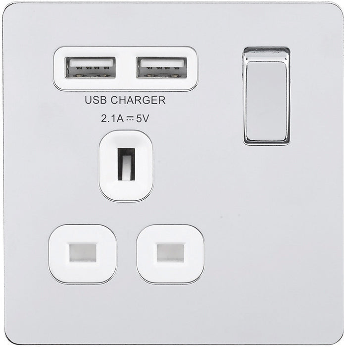 BG FPC21UW Screwless Flat Plate Polished Chrome Flat Plate Switched 1G 13A Socket - USB - BG - Sparks Warehouse